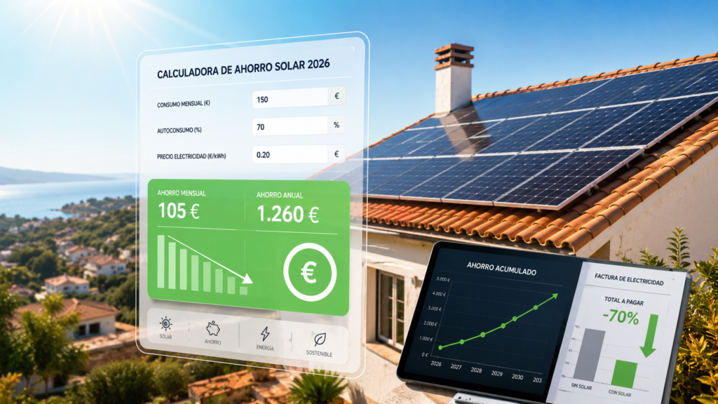 Calculadora ahorro solar 2026 con placas solares en una vivienda en España mostrando estimación de ahorro energético