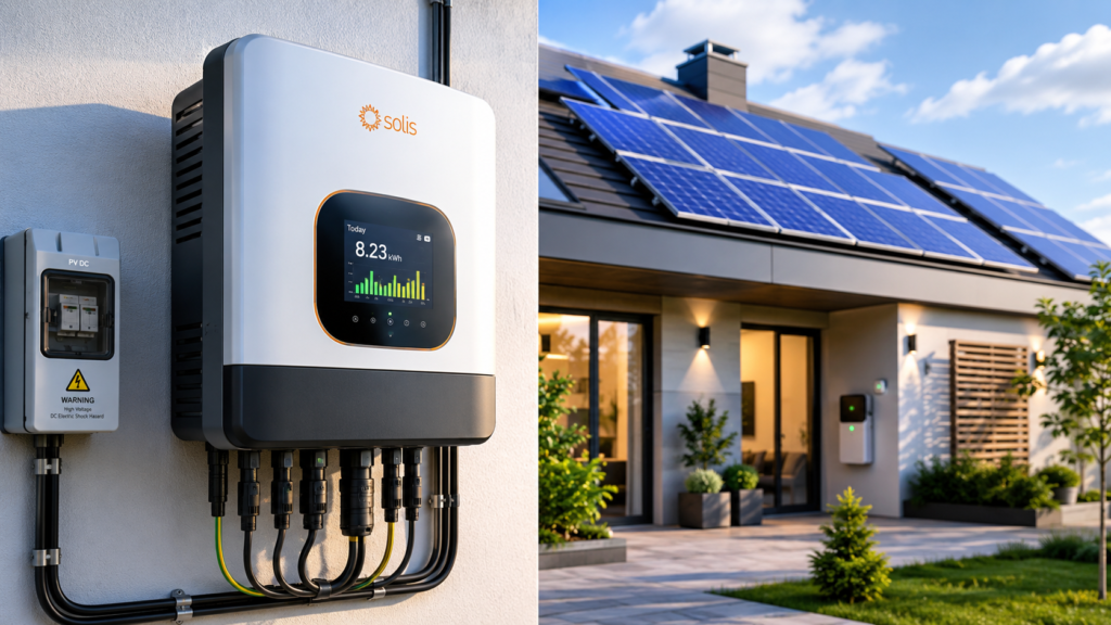 Inversores Solares modernos conectado a una instalación fotovoltaica residencial transformando energía solar en electricidad para el hogar.