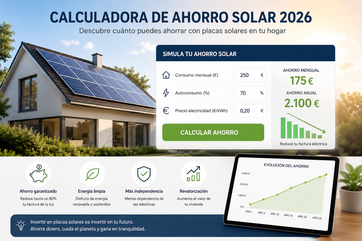 Calculadora ahorro solar 2026 con placas solares en una vivienda en España mostrando estimación de ahorro energético